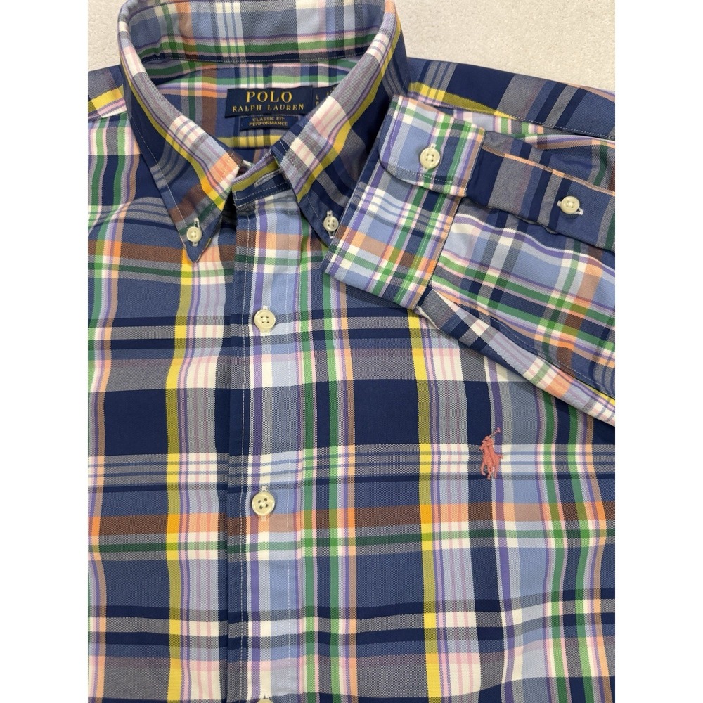 Polo Ralph Lauren Performance Shirt Men L Blue Plaid Nylon Button Down (LS)